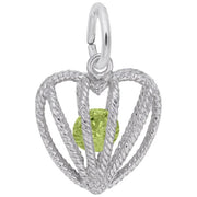 The Rembrandt Charms 08 August Birthstone Embraced With Love Charm in Sterling Silver is shaped like a heart with an open, rope-like design. Inside, a small green gemstone—the August birthstone—is prominently featured. The pendant is attached to a circular clasp at the top for easy attachment to your favorite necklace or bracelet.