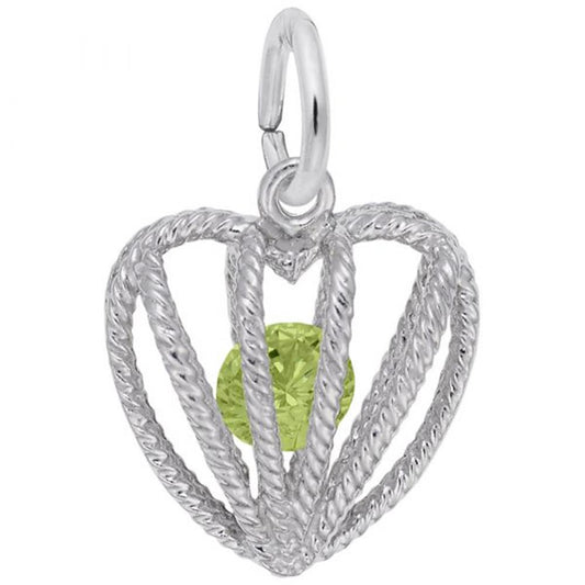 The Rembrandt Charms 08 August Birthstone Embraced With Love Charm in Sterling Silver is shaped like a heart with an open, rope-like design. Inside, a small green gemstone—the August birthstone—is prominently featured. The pendant is attached to a circular clasp at the top for easy attachment to your favorite necklace or bracelet.