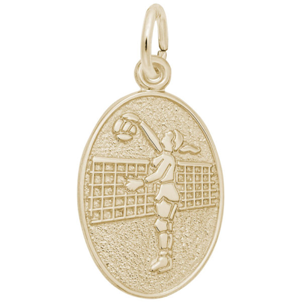 Introducing the Volleyball Player Oval Disc Charm - Gold Plated by Rembrandt Charms: This elegant gold-plated oval pendant showcases an engraved volleyball player in mid-jump, striking a ball over a net against a textured backdrop. Featuring a convenient top loop for attaching to your favorite chain or bracelet, this charm is the perfect volleyball gift or treasured keepsake for athletes and fans alike.
