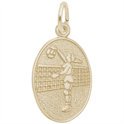 Introducing the Volleyball Player Oval Disc Charm - Gold Plated by Rembrandt Charms: This elegant gold-plated oval pendant showcases an engraved volleyball player in mid-jump, striking a ball over a net against a textured backdrop. Featuring a convenient top loop for attaching to your favorite chain or bracelet, this charm is the perfect volleyball gift or treasured keepsake for athletes and fans alike.