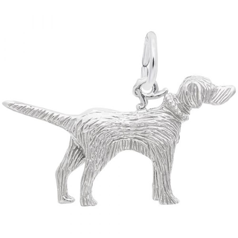 The Rembrandt Charms Setter Dog Charm, crafted from sterling silver, features a standing dog with a textured fur design and includes a loop at the top for easy attachment to a bracelet or necklace.