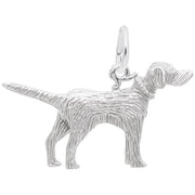 The Rembrandt Charms Setter Dog Charm, crafted from sterling silver, features a standing dog with a textured fur design and includes a loop at the top for easy attachment to a bracelet or necklace.