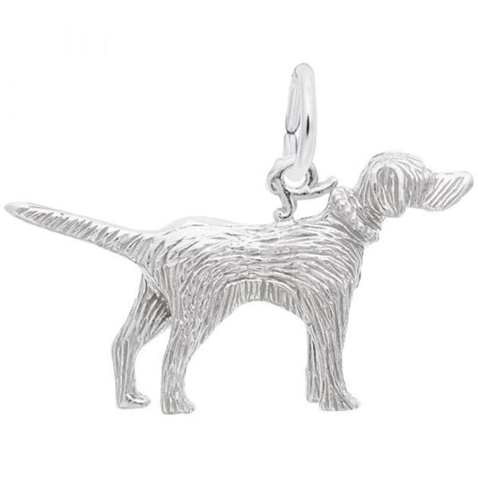 The Rembrandt Charms Setter Dog Charm, crafted from sterling silver, features a standing dog with a textured fur design and includes a loop at the top for easy attachment to a bracelet or necklace.