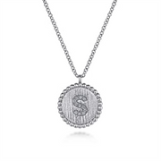 The 925 Sterling Silver Diamond Bujukan Initial S Necklace by Gabriel & Co features a circular pendant encrusted with small diamonds, with a diamond-adorned letter "S" in the center. This elegant piece from the Bujukan Collection is crafted in 925 sterling silver and comes with a simple, yet sophisticated chain design. Serial No: S.