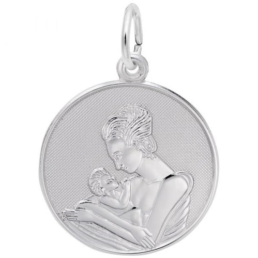 The Rembrandt Charms Mom & Baby Charm / Sterling Silver features an engraved depiction of a mom tenderly holding and looking at her baby. The circular pendant has a smooth, textured background and is attached to a small loop at the top for wearing on a chain.