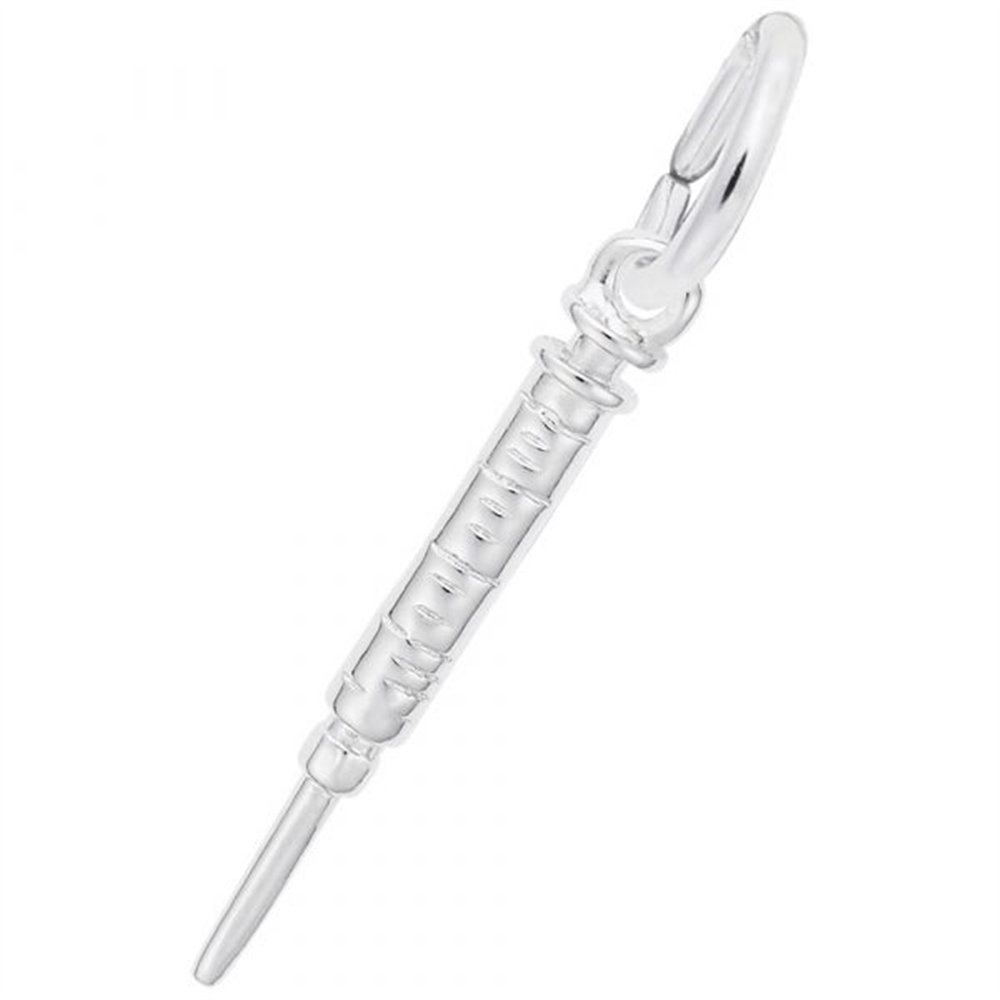 The Rembrandt Charms Hypodermic Needle Accent Charm in sterling silver features a syringe-shaped design with detailed markings and a top hoop for easy attachment to a bracelet or necklace, making it the perfect choice for unique medical jewelry or a thoughtful gift for nurses. Displayed against a white background.