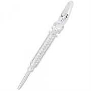 The Rembrandt Charms Hypodermic Needle Accent Charm in sterling silver features a syringe-shaped design with detailed markings and a top hoop for easy attachment to a bracelet or necklace, making it the perfect choice for unique medical jewelry or a thoughtful gift for nurses. Displayed against a white background.