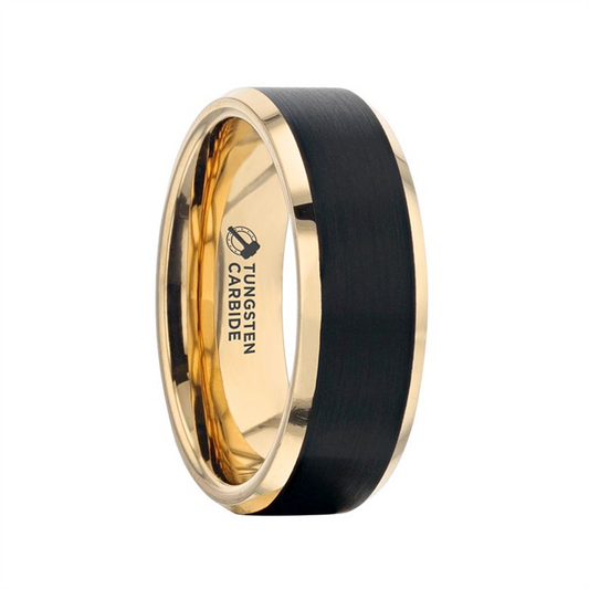 GASTON Gold Plated Tungsten Polished Beveled Ring with Brushed Black C