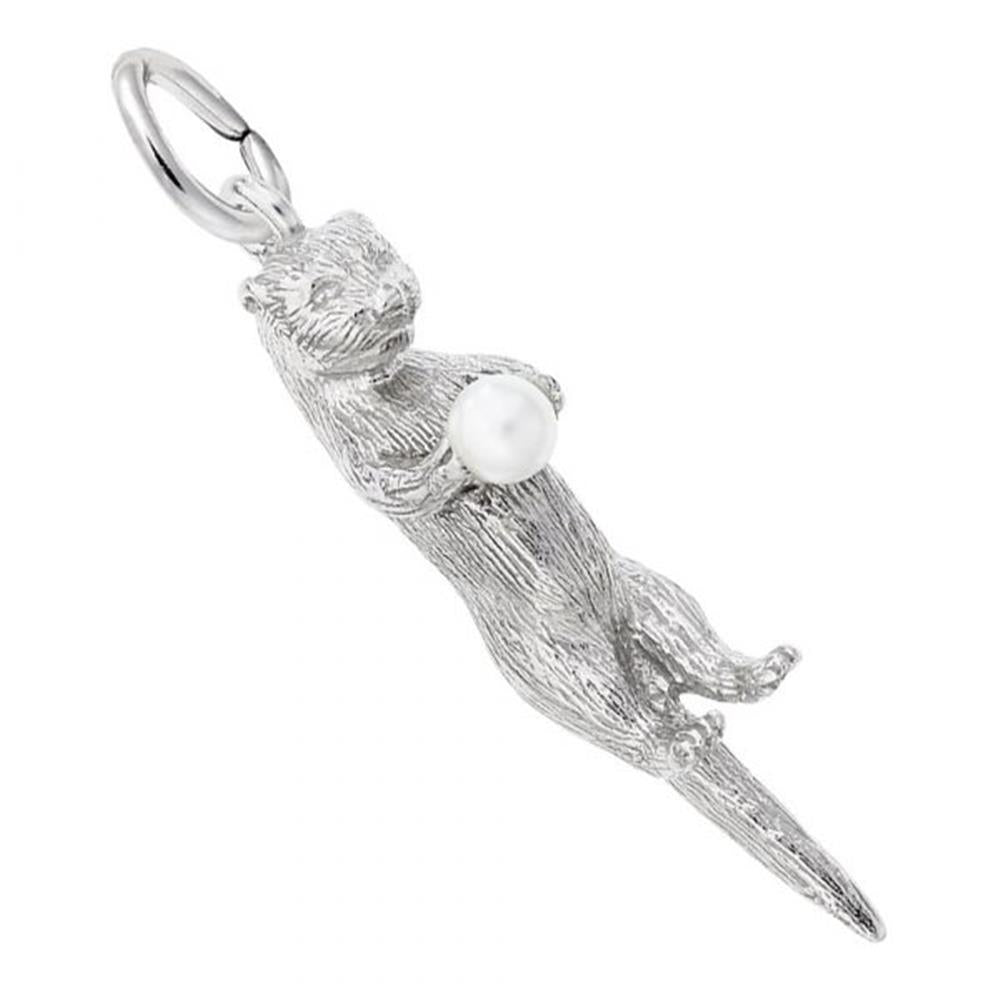 The Rembrandt Charms Sea Otter Charm, crafted in sterling silver, features an otter-shaped pendant holding a small pearl in its front paws. The charm includes a loop at the top for attaching to a chain or necklace. The sea otter is depicted in a playful pose with detailed fur texture.