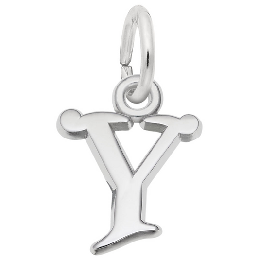 The Rembrandt Charms Curly Initial Y Accent Charm, crafted from sterling silver, features a polished finish and a simple, elegant design. It includes a small loop at the top for easy attachment to a bracelet or necklace.