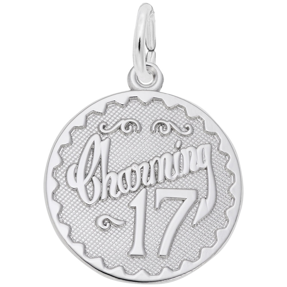 The Rembrandt Charms Charming 17 - Sterling Silver Charm features a textured round design with "Charming" in script above "17," plus a loop at the top for easy jewelry attachment.