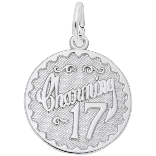 The Rembrandt Charms Charming 17 - Sterling Silver Charm features a textured round design with "Charming" in script above "17," plus a loop at the top for easy jewelry attachment.
