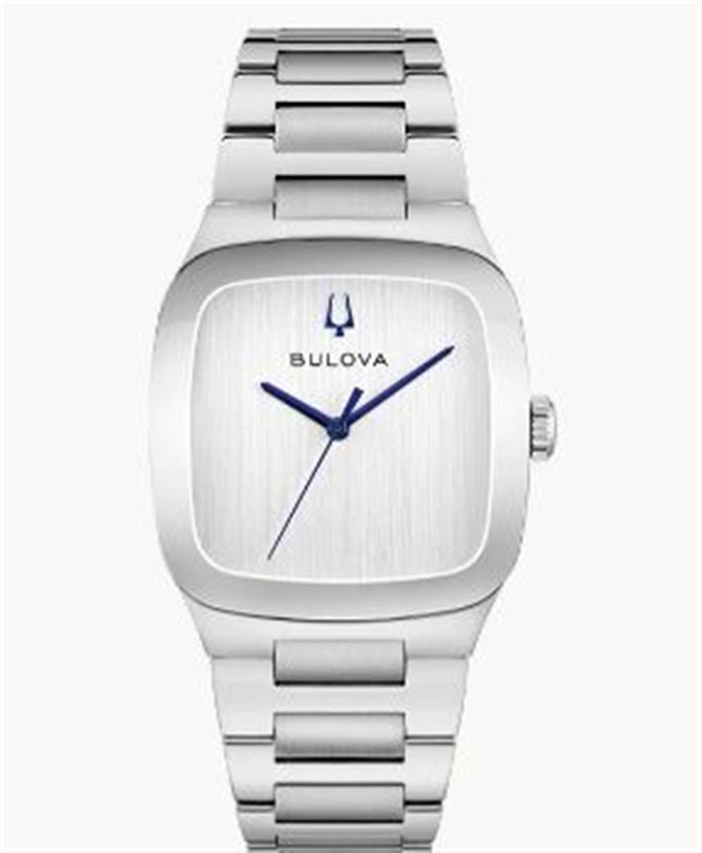 The Bulova 96A336 Millennia Latin Grammy men's watch features a silver-tone case, blue dial, brushed metal face, blue hands, minimalist design without hour markers, and a matching silver band—striking and iconic.