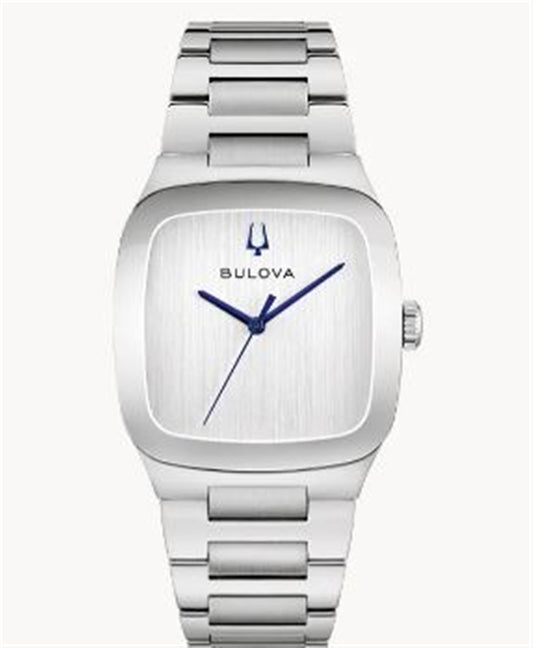 The Bulova 96A336 Millennia Latin Grammy men's watch features a silver-tone case, blue dial, brushed metal face, blue hands, minimalist design without hour markers, and a matching silver band—striking and iconic.