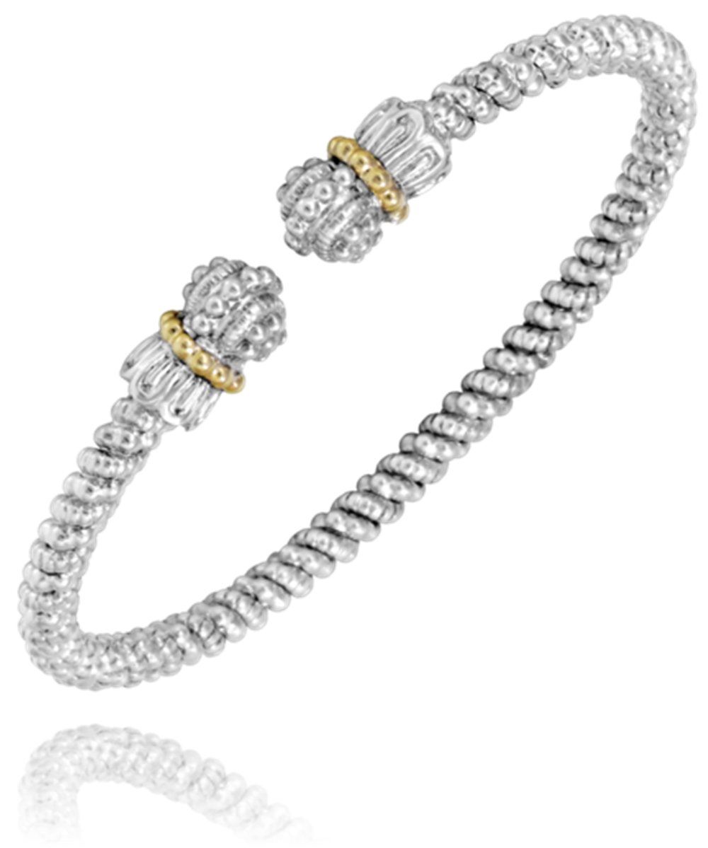Alwand Vahan Jewelry's 3mm Open Band Bracelet, 14KT Yellow Gold and Sterling Silver, with an intricate textured design and 14KT yellow gold accents. The two ends feature ornate, spherical details adorned with small beads. The 3mm open band bracelet boasts a flexible structure, ensuring both elegance and comfort.