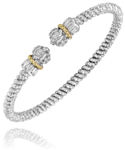 Alwand Vahan Jewelry's 3mm Open Band Bracelet, 14KT Yellow Gold and Sterling Silver, with an intricate textured design and 14KT yellow gold accents. The two ends feature ornate, spherical details adorned with small beads. The 3mm open band bracelet boasts a flexible structure, ensuring both elegance and comfort.