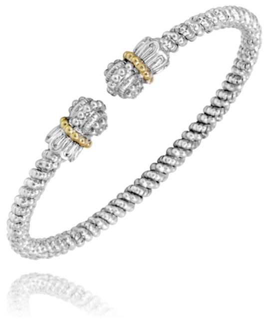 Alwand Vahan Jewelry's 3mm Open Band Bracelet, 14KT Yellow Gold and Sterling Silver, with an intricate textured design and 14KT yellow gold accents. The two ends feature ornate, spherical details adorned with small beads. The 3mm open band bracelet boasts a flexible structure, ensuring both elegance and comfort.