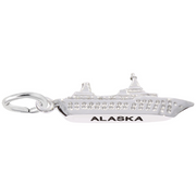 Sterling silver Alaska Cruise Ship charm by Rembrandt Charms, featuring a detailed cruise ship design with the word "ALASKA" engraved on the side, and a small loop for attachment. Dimensions: 0.85 in x 0.12 in (21.6 mm x 3.05 mm).
