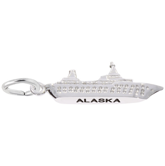 Sterling silver Alaska Cruise Ship charm by Rembrandt Charms, featuring a detailed cruise ship design with the word "ALASKA" engraved on the side, and a small loop for attachment. Dimensions: 0.85 in x 0.12 in (21.6 mm x 3.05 mm).
