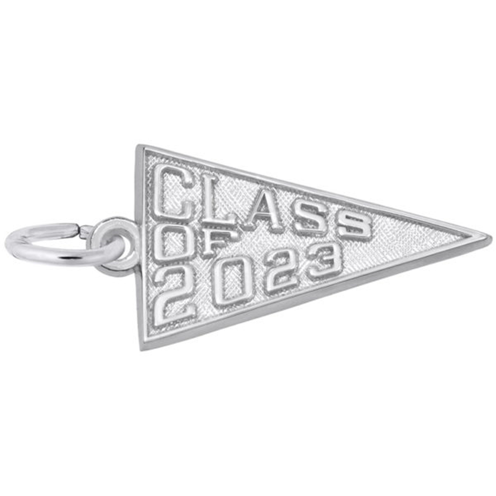 The Rembrandt Charms "Class of 2023" sterling silver pendant features a triangular pennant design with a loop, ideal for use as graduation jewelry on a chain or keyring.