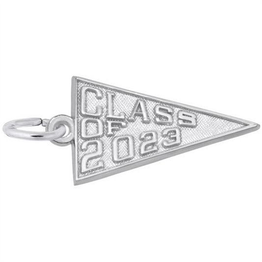 The Rembrandt Charms "Class of 2023" sterling silver pendant features a triangular pennant design with a loop, ideal for use as graduation jewelry on a chain or keyring.