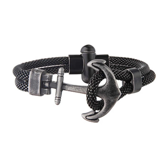 Introducing the INOX Men's Black Antiqued Mesh Anchor Stainless Steel Bracelet, measuring 8 inches in length. This stylish accessory features a black rope design accented by a stainless steel anchor-shaped clasp, which serves as the central decorative element and adds a rugged nautical theme to your look.