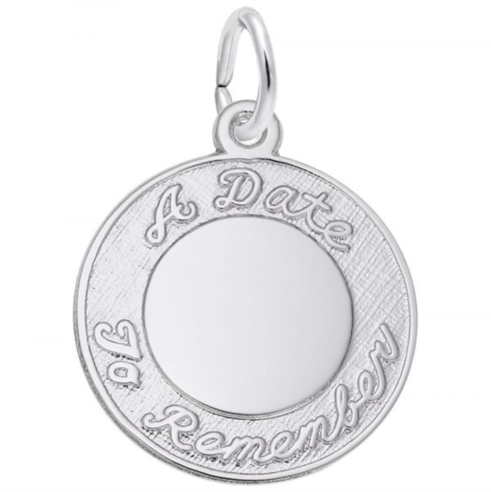The Rembrandt Charms "A Date to Remember Script Disc Charm" is a round sterling silver charm with a small loop at the top for attaching to a chain. It features an empty circular center and the engraved words "A Date To Remember" around the edge in cursive script, reminiscent of classic Rembrandt Charms.