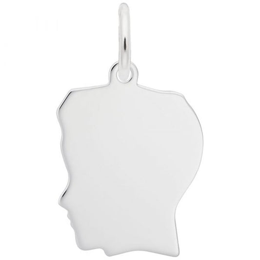 The Engravable Boy Head Flat Charm from Rembrandt Charms is a sterling silver pendant in the shape of a boy's profile, with a flat and polished surface. It features a loop at the top for attaching to a chain or bracelet. The profile faces to the left, clearly showcasing the outline of his head, nose, and lips.