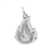 Introducing the Rembrandt Charms Flame Charm – Sterling Silver. This striking pendant showcases a flame-shaped design with a textured, glittery inner section and a smooth, polished outline. Featuring a small top loop for easy attachment to any necklace chain, this sterling silver charm is ideal for those who appreciate symbolic jewelry.