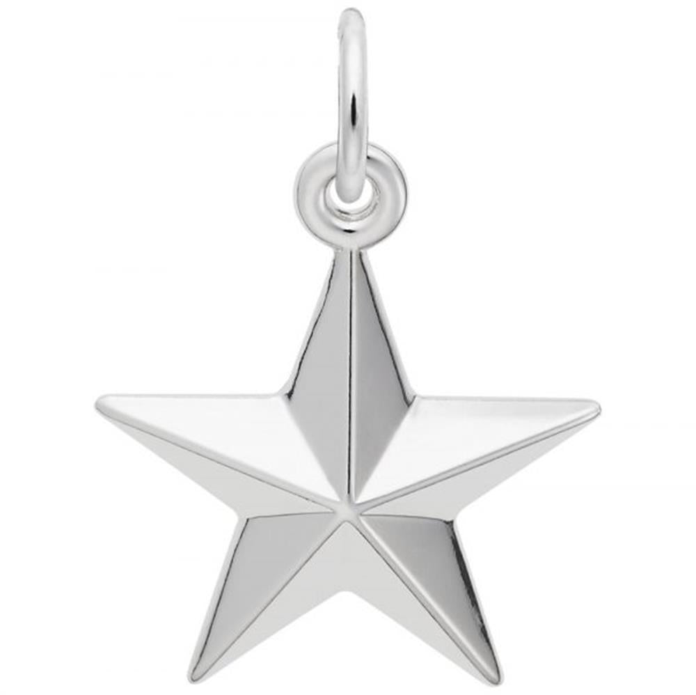 Introducing the Star Charm from Rembrandt Charms: a stunning piece crafted from sterling silver. This charm features a smooth, polished finish and five symmetrical points, all designed in a sleek and elegant star shape. The pendant comes with a circular loop at the top, perfect for attaching to your favorite necklace or bracelet.