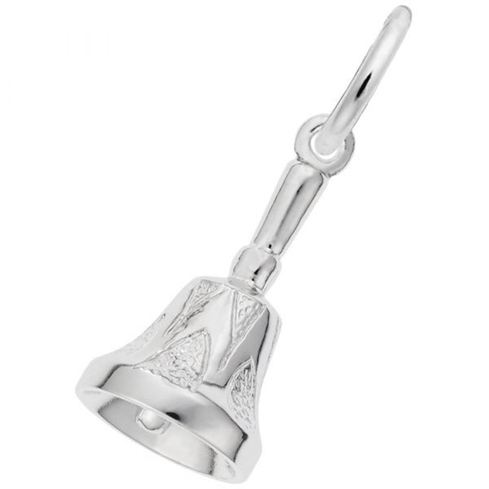 A Hand Bell Charm crafted from sterling silver by Rembrandt Charms, displaying intricate designs on its surface and attached to a loop for hanging. The charm includes a smooth handle and a delicately crafted clapper inside, showcased against a plain white background.