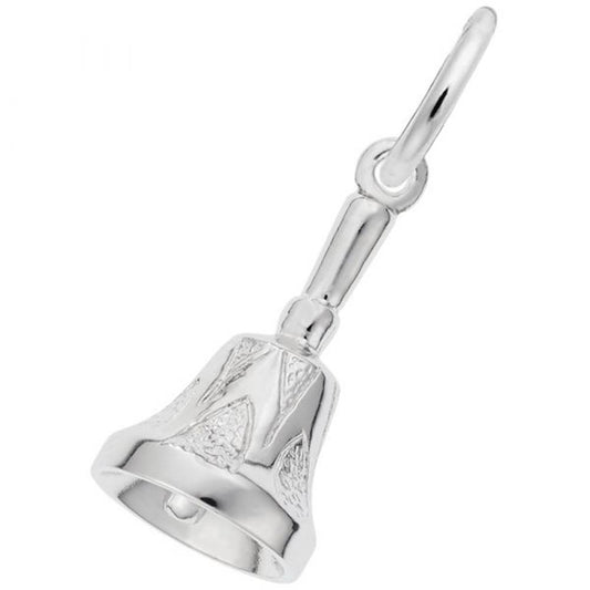 A Hand Bell Charm crafted from sterling silver by Rembrandt Charms, displaying intricate designs on its surface and attached to a loop for hanging. The charm includes a smooth handle and a delicately crafted clapper inside, showcased against a plain white background.