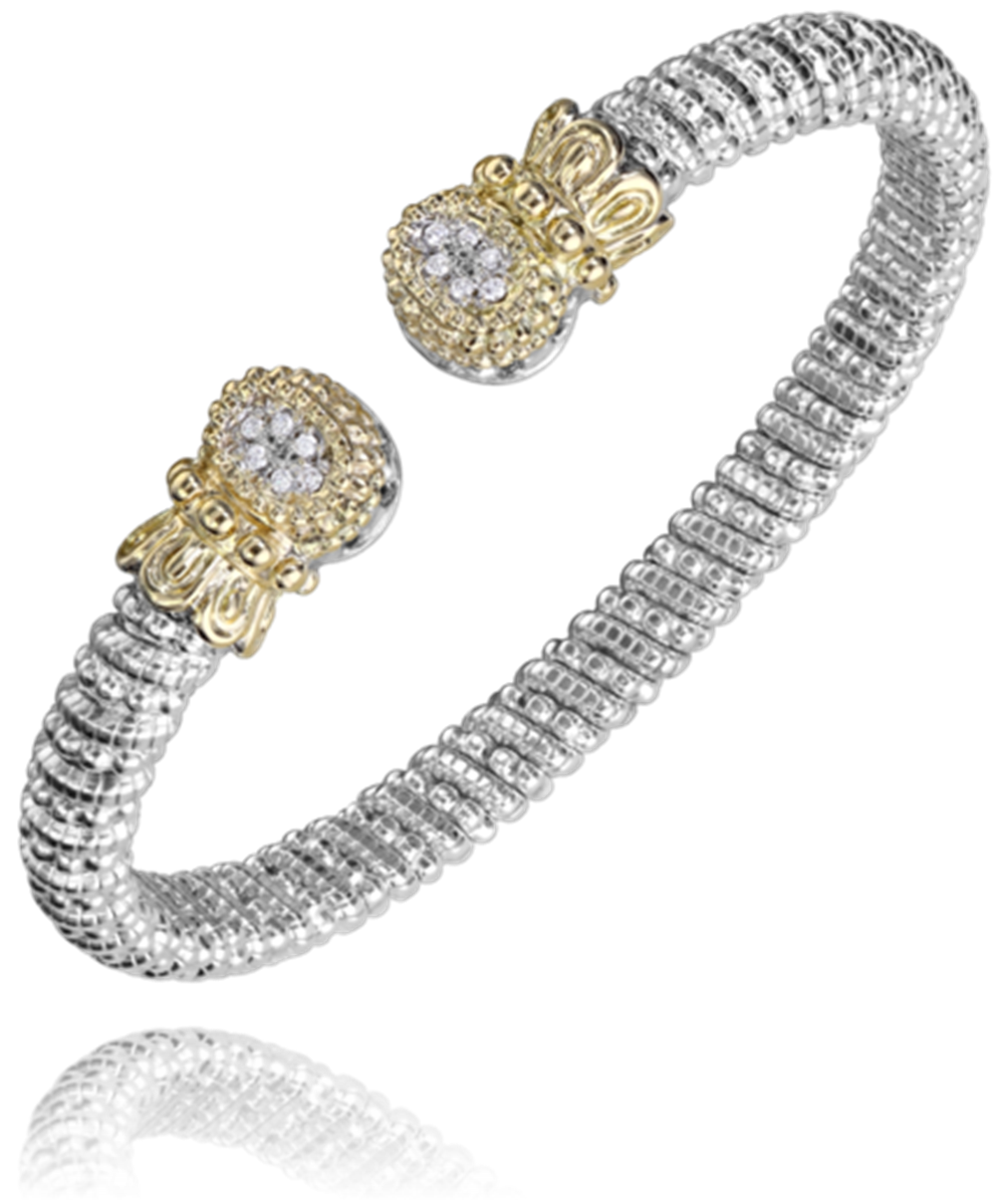 The Alwand Vahan Jewelry 6mm Band Bracelet, crafted from sterling silver and embellished with 14KT gold end caps featuring 0.09CT sparkling gemstones, boasts an intricate, textured design. The open-ended bracelet is adjustable to fit various wrist sizes.