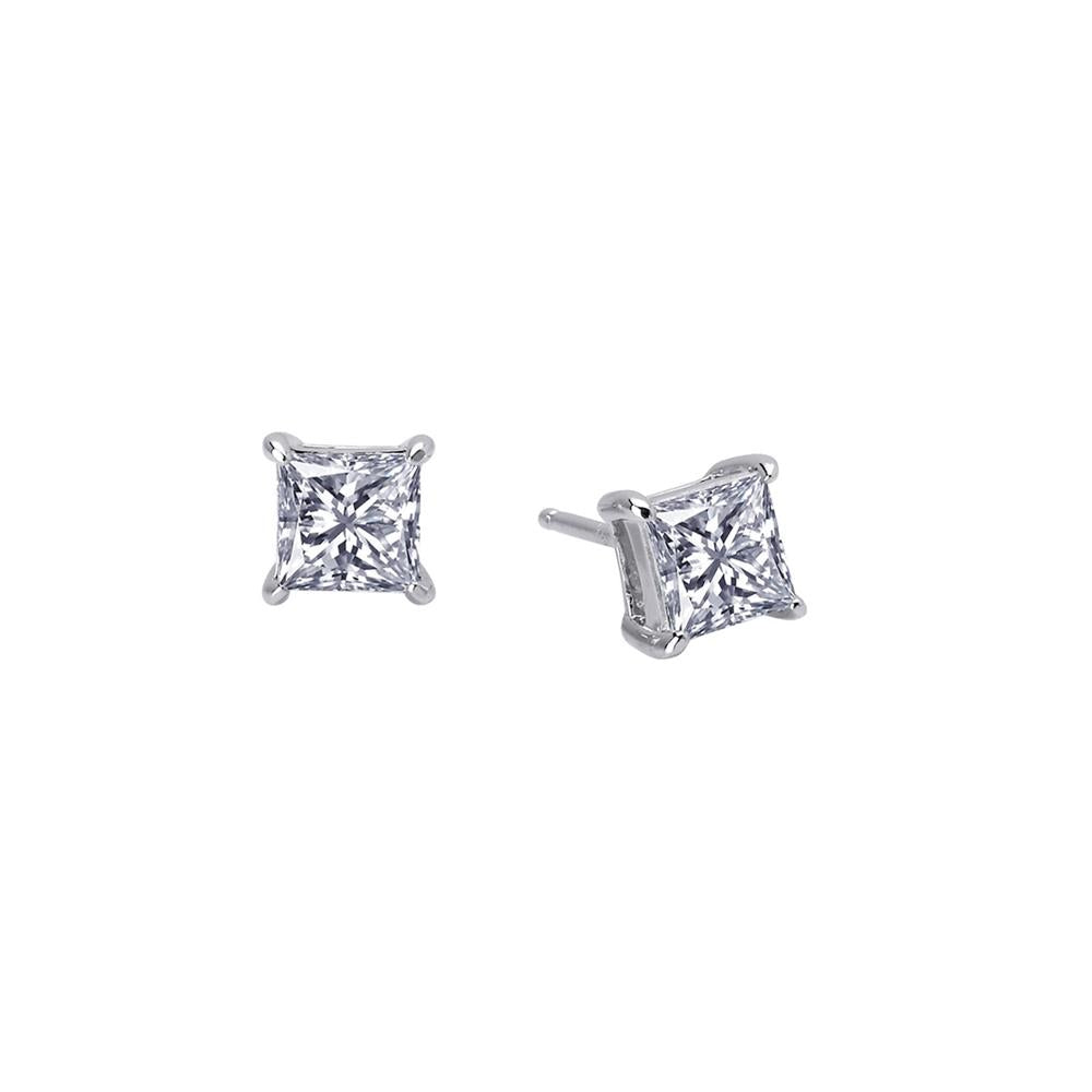 The Lafonn 1.5 CTW Solitaire Stud Earrings showcase stunning 1.5 CTW square-cut diamonds in a four-prong platinum setting, displayed against a white background. The diamonds exhibit a brilliant and clear sparkle.