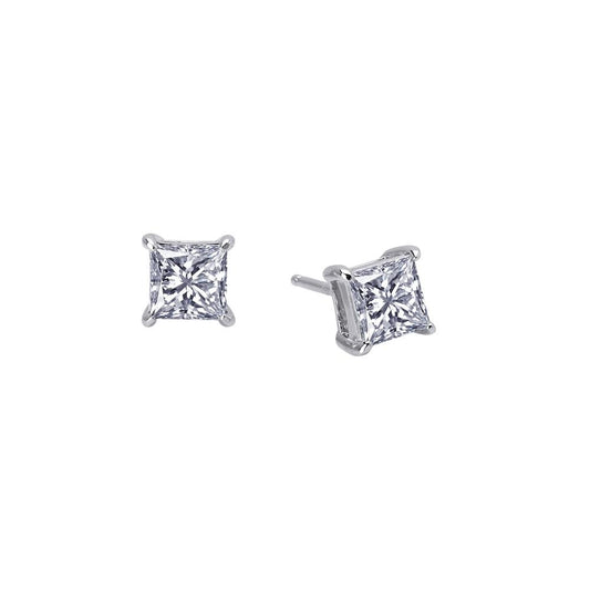 The Lafonn 1.5 CTW Solitaire Stud Earrings showcase stunning 1.5 CTW square-cut diamonds in a four-prong platinum setting, displayed against a white background. The diamonds exhibit a brilliant and clear sparkle.