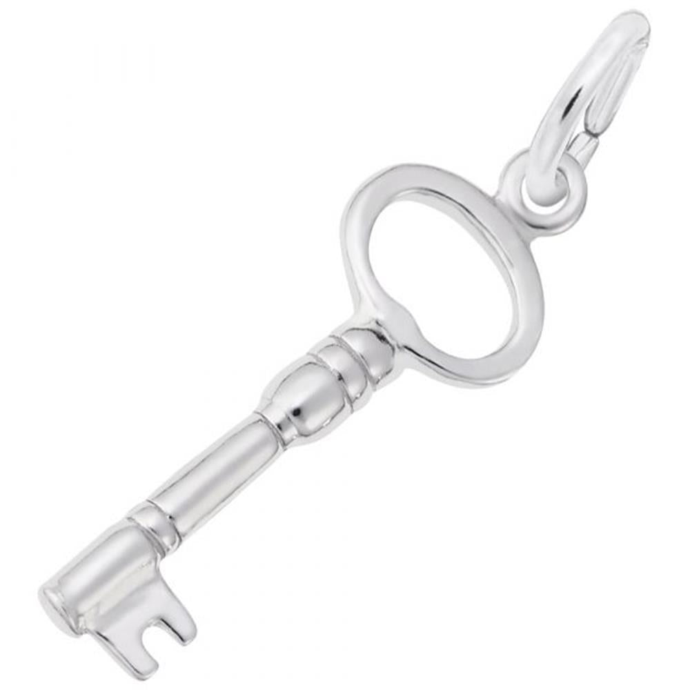 The Skeleton Key Charm by Rembrandt Charms is a simple yet elegant sterling silver piece resembling a traditional skeleton key. It features a keyhole, a loop at the top for attaching to a chain or bracelet, and boasts a cylindrical stem with a triangular bit at the end.