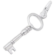 The Skeleton Key Charm by Rembrandt Charms is a simple yet elegant sterling silver piece resembling a traditional skeleton key. It features a keyhole, a loop at the top for attaching to a chain or bracelet, and boasts a cylindrical stem with a triangular bit at the end.