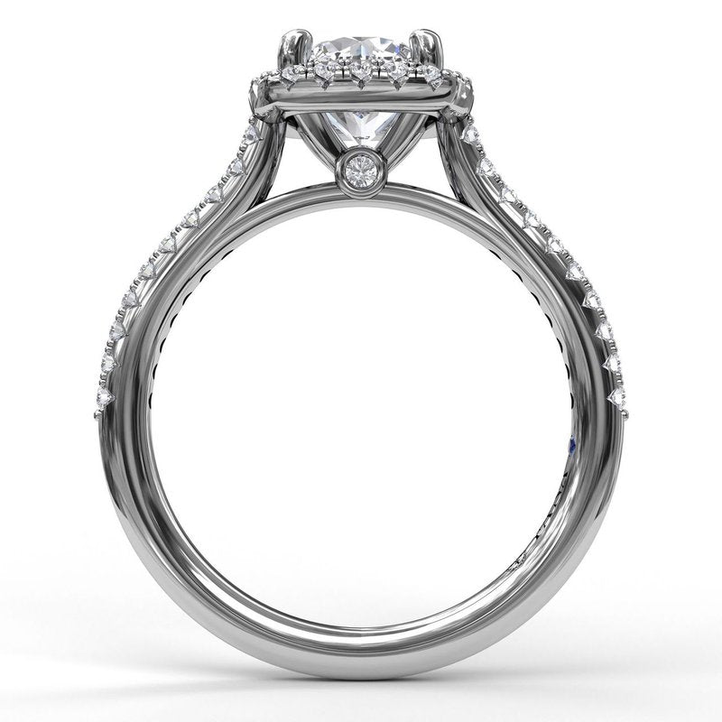 Side view of the FANA 14K White Gold Cushion Halo Diamond Engagement Ring featuring a large center stone, diamonds along the band, and an extra small diamond set beneath the center.