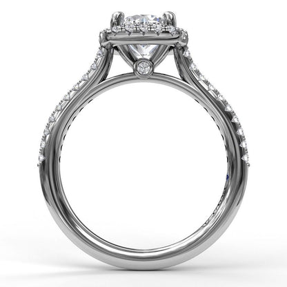 Side view of the FANA 14K White Gold Cushion Halo Diamond Engagement Ring featuring a large center stone, diamonds along the band, and an extra small diamond set beneath the center.