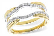 Two intertwined rings from Allison Kaufman, crafted in 14k two tone yellow and white gold and accented with wavy rows of natural diamonds. The Allison Kaufman Wedding Jacket rings are displayed overlapping on a white background.
