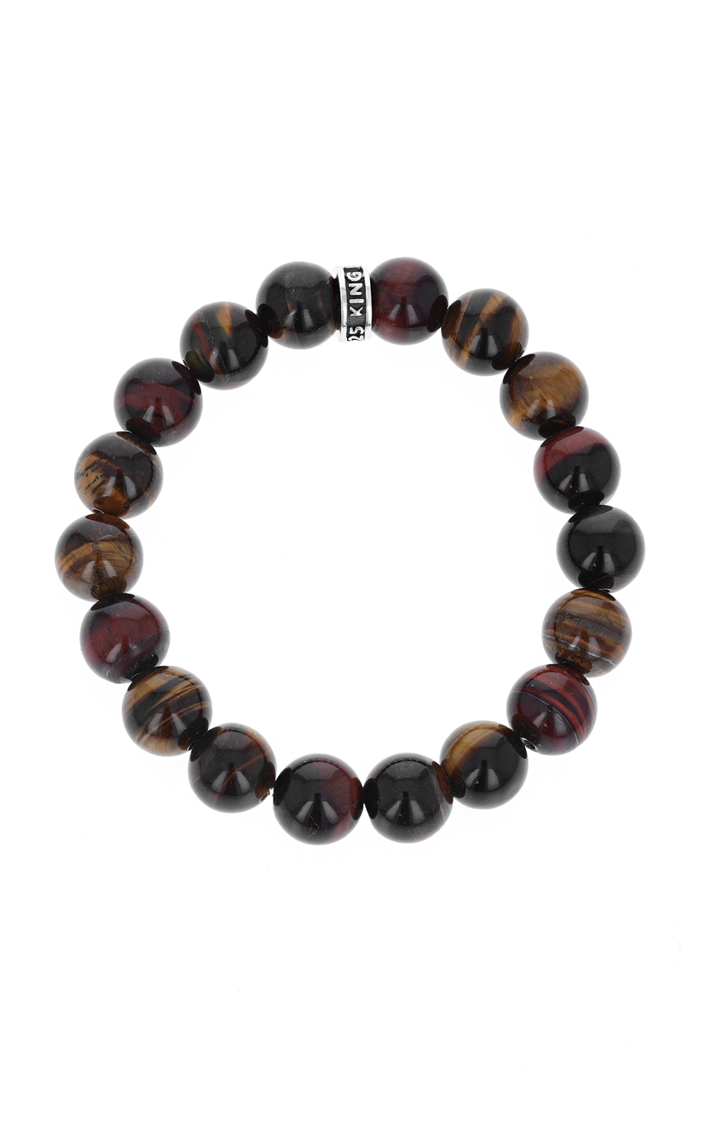 A striking King Baby bracelet with 12mm polished red tiger eye beads in deep brown and red hues, adorned with a small engraved logo ring.