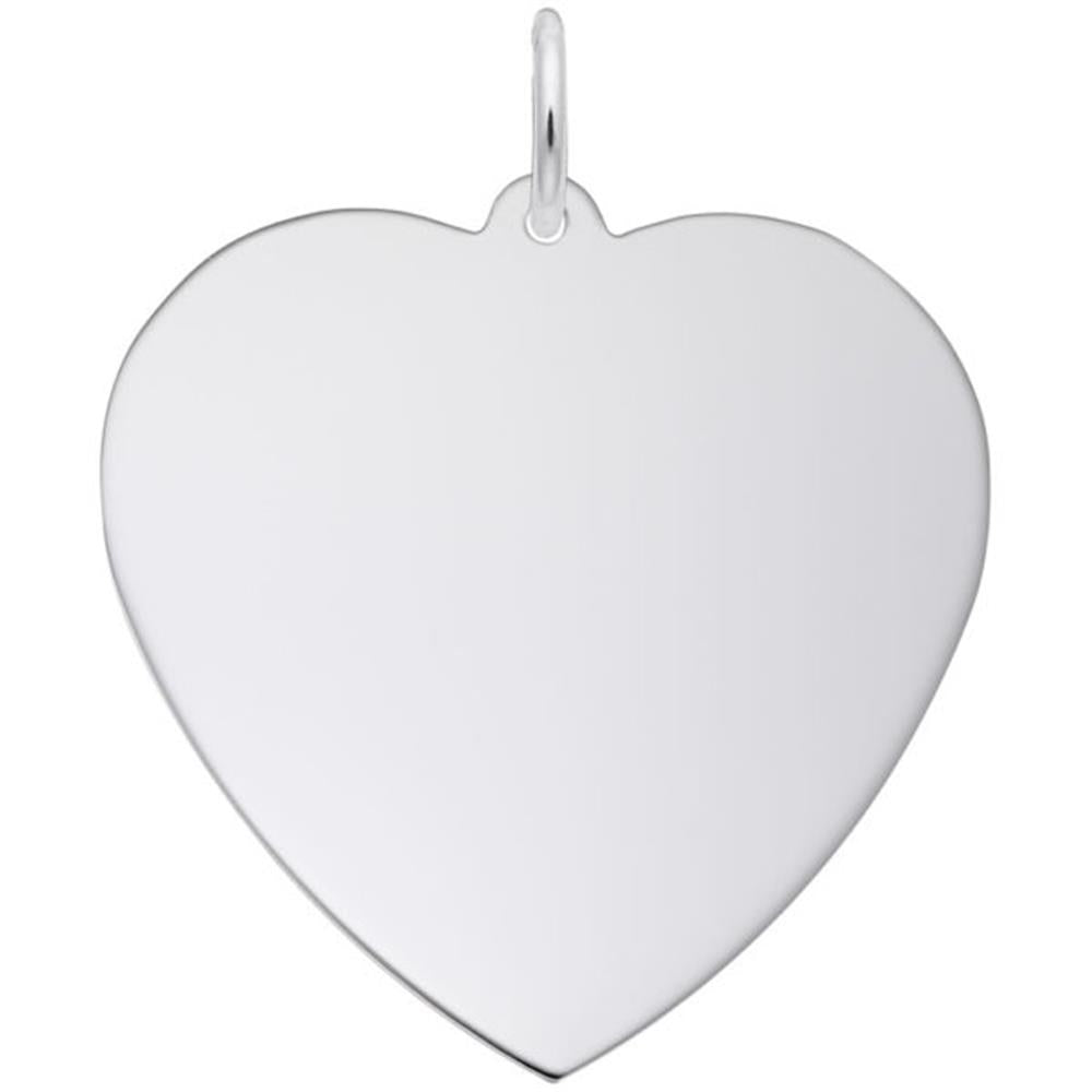 A shiny, sterling silver heart charm from Rembrandt Charms with a small loop at the top for attaching to a chain. The surface of this charming Heart Charm is smooth and reflective.