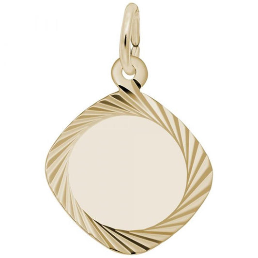 Introducing the Rembrandt Charms Small Square Diamond Faceted Disc Charm in 14K Yellow Gold: This exquisite charm showcases an ornate, small square design with rounded edges, adorned with a swirling pattern engraved along its borders. It features a small circular loop at the top for easy threading onto a necklace or bracelet. The center area is smooth and polished to perfection.