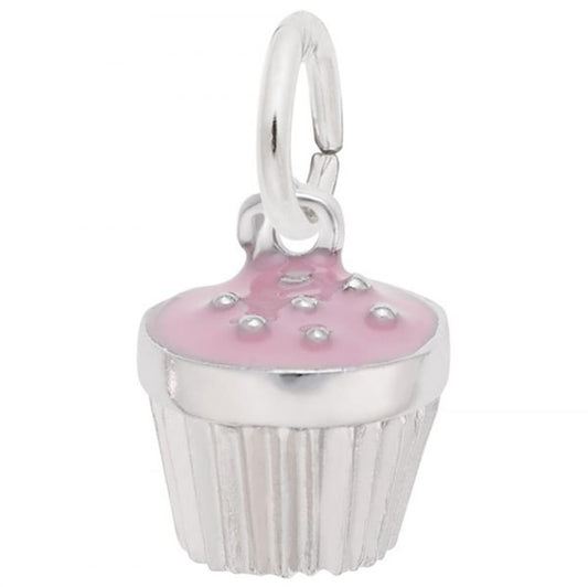 The Cupcake Pink Charm in Sterling Silver by Rembrandt Charms boasts a pink frosting top decorated with delicate dots and includes a loop for easy attachment to your bracelet or necklace.