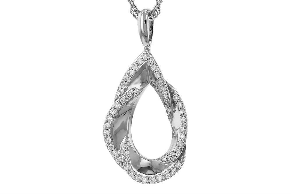 The Swirl Diamonds 14K White Gold Necklace by Allison Kaufman is a stunning silver teardrop-shaped pendant adorned with small, sparkling diamond accents that radiate timeless elegance. Its intricate design of intertwining loops adds a touch of sophistication, while the 14K white gold gracefully hangs from a delicate chain.