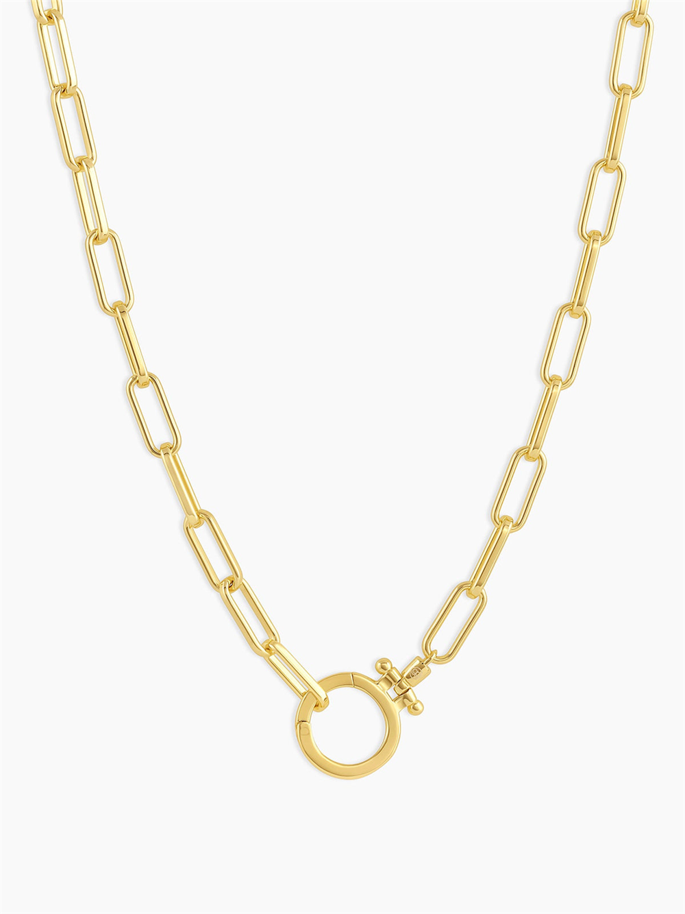 The Gorjana Parker Necklace is a 20'' paperclip link chain, crafted with 18k gold plating and featuring elongated rectangular links and a circular toggle clasp, shown on a plain white background.