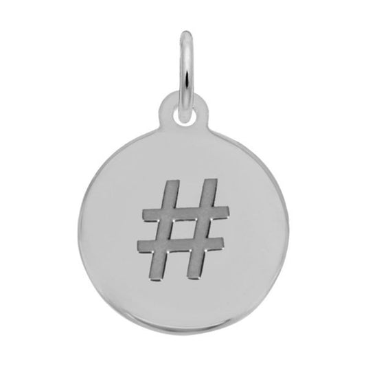 The Rembrandt Charms Petite Disc - Hashtag Charm in sterling silver is a round pendant featuring an engraved hashtag symbol (#) at its center. It has a small loop at the top for attaching to a chain or bracelet and boasts a plain white background.