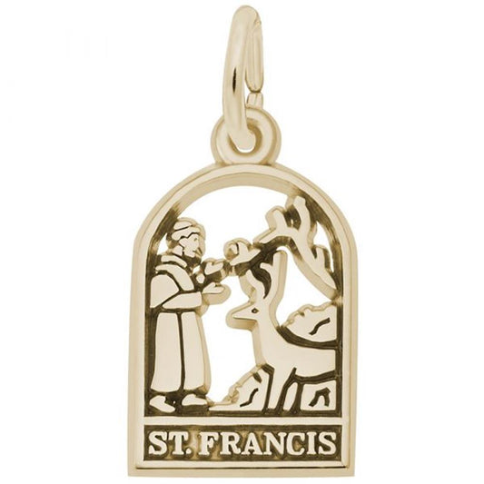 The St Francis / Gold Plate Charm by Rembrandt Charms showcases an arched window design with St. Francis feeding a deer. Below the image, the text "ST. FRANCIS" is etched, making this charming piece a beautiful homage to Saint Francis.