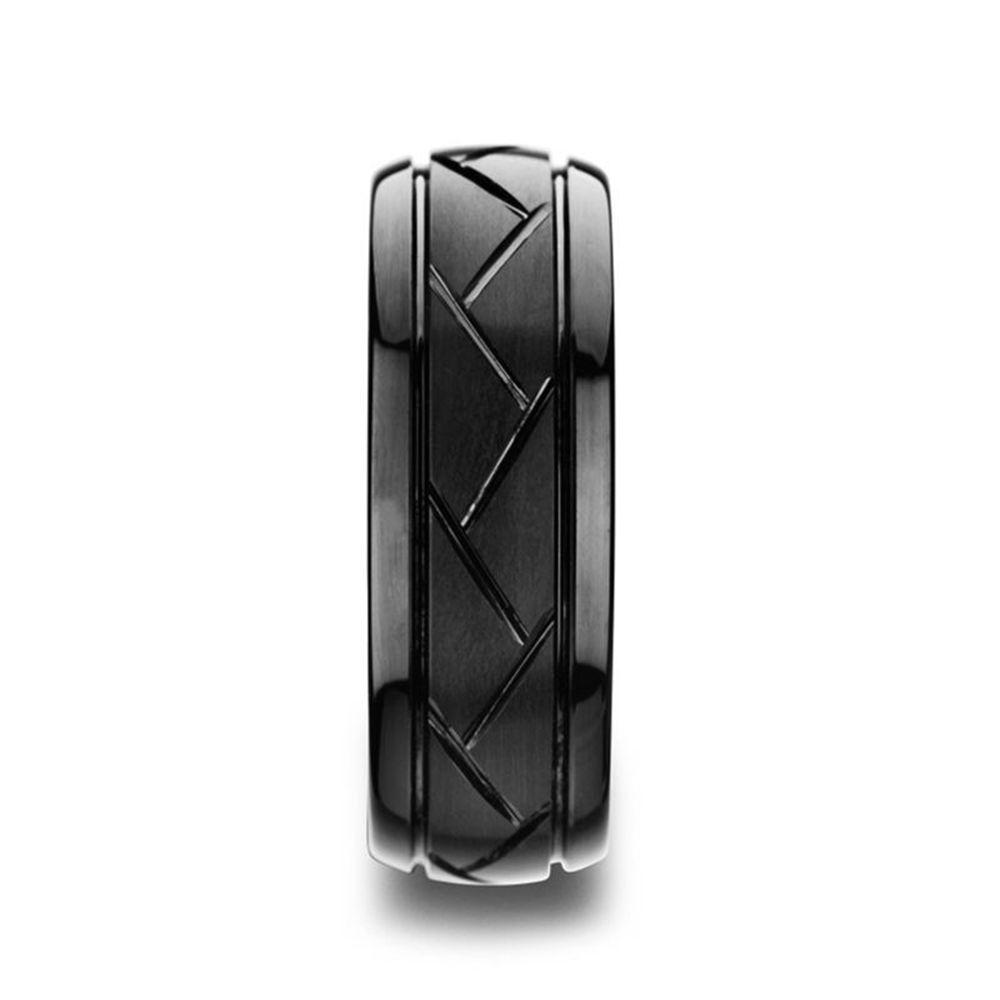 ENIGMA Domed Black Tungsten Ring with Brushed Cross Alternating Diagonal Cuts Pattern - 8mm - Size 10