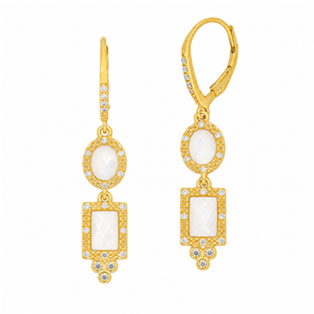 The Freida Rothman MOP Harlequin Double Drop Leverback Earrings (YZEL020065B-MOP) feature oval and rectangular white gemstones framed by clear stones in a vintage-inspired design, finished with secure leverback closures.